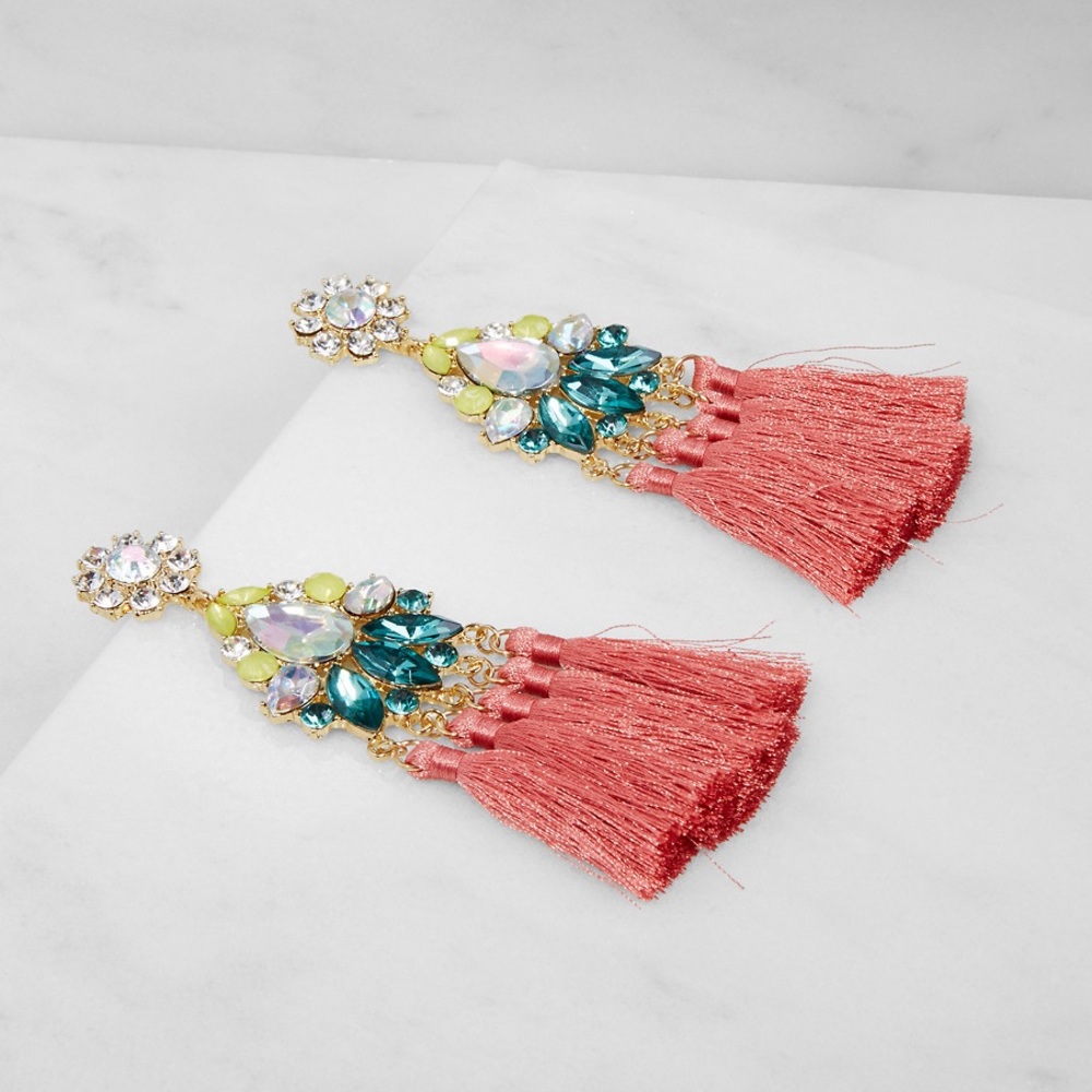Pink Fringe Rhinestone Earrings - Picture 2 of 2